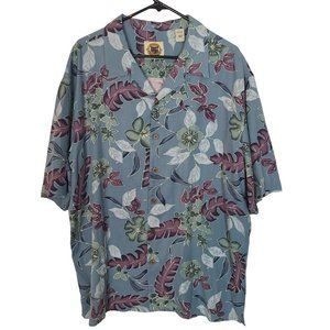 Pusser's West Indies Mens L Blue Floral Print Short Sleeves Button Up Silk Shirt